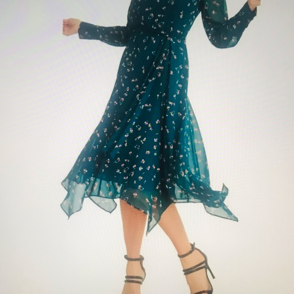 DKNY-DONNA KAREN Dress Handkerchief Hem High Neck Belted Green Floral Sz 16